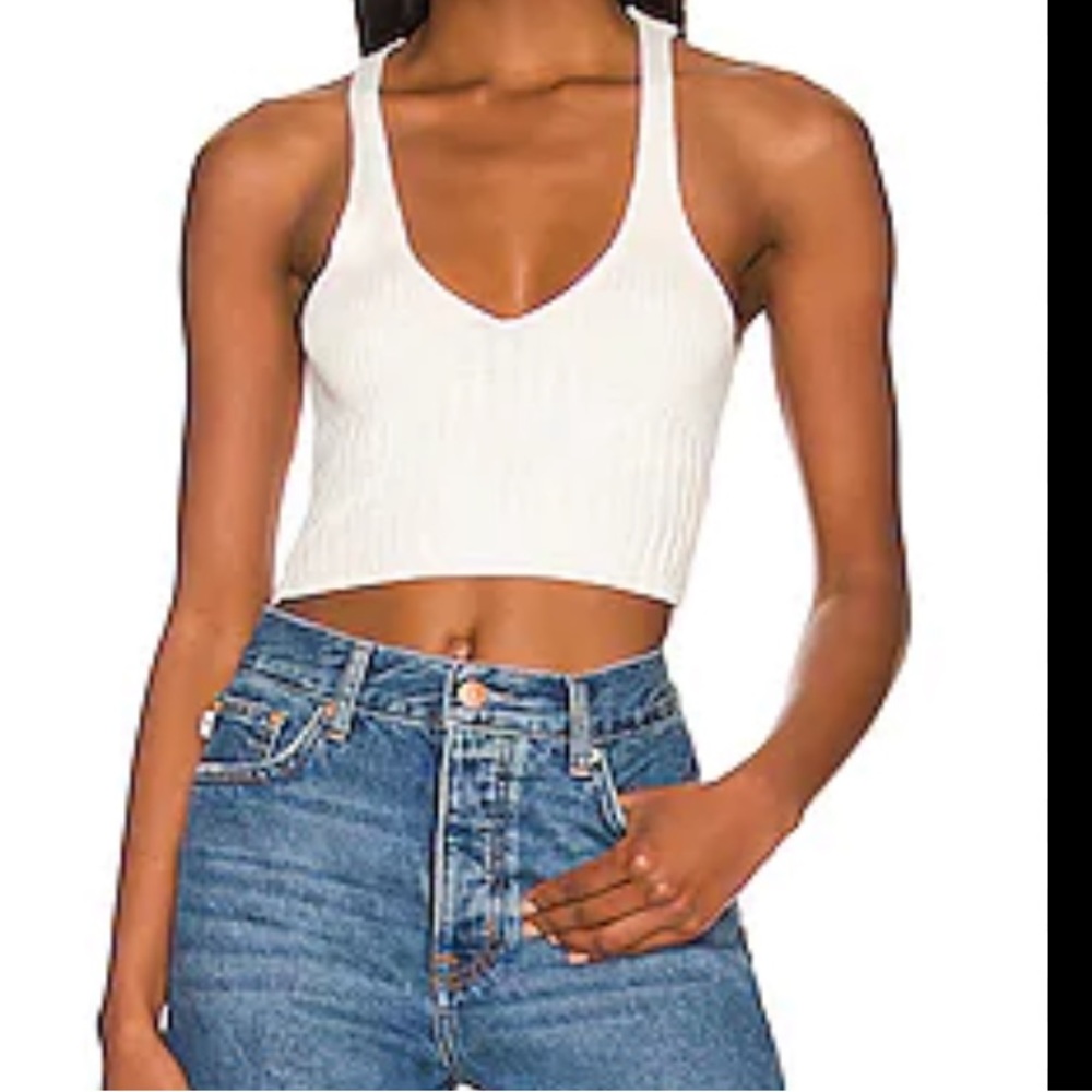Free People Cream Ribbed V-Neck Cropped Tank